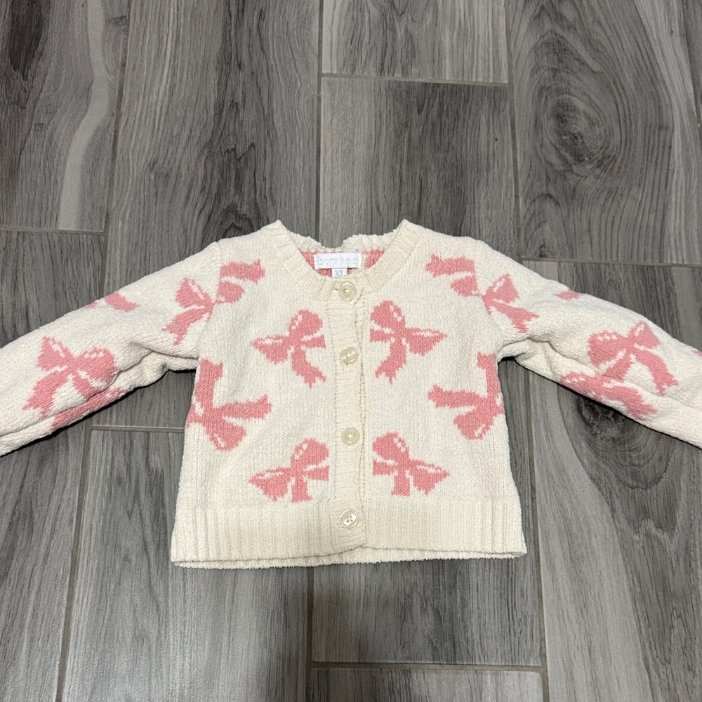 Girl's Cream Cardigan with Pink Bows + Pink Ribbed Leggings - Picture 2 of 3